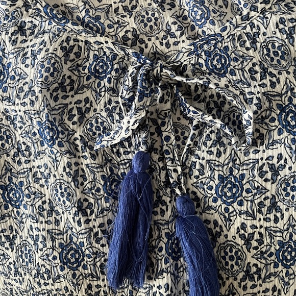 Mango Azulejos Blue Tile Print Short Sleeve Summer Top Tie Front Tassels 10 - Picture 6 of 6